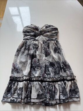 C. Luce Strapless Floral Empire Waist Mini Dress, Ruffle Hem, Size M